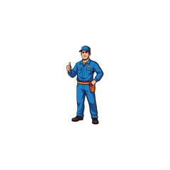 Friendly mechanic character in a blue uniform with a thumbs up gesture