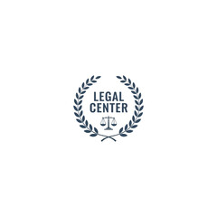 Legal Center emblem with laurel wreath and scales of justice icon