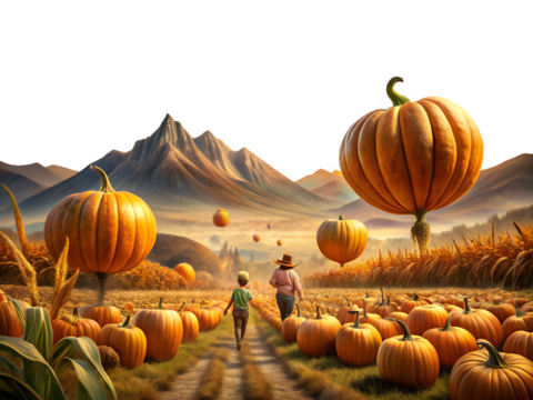 Children walk through a surreal pumpkin patch with giant, floating pumpkins under a majestic mountain range, evoking a sense of wonder and autumn magic isolated on transparent background