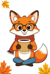 Cute cartoon fox wearing glasses and scarf holding coffee cup