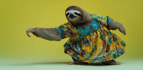 Humorous surreal portrait of a sloth in a festive floral dress, striking an elegant dance pose, playful mood, fantasy art, AI generated