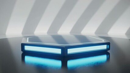 Futuristic Octagonal Stage with Glowing Blue Neon Lights and Reflective Surface podium platform - Powered by Adobe