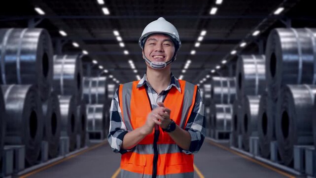 Asian Male Engineer With Safety Helmet Smiling And Clapping His Hands While Standing with Stacks of Huge Metal Steel Coils