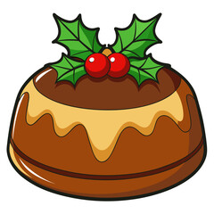 Festive Pudding Delight: A charming illustration showcases a Christmas pudding adorned with holly leaves and red berries, a classic symbol of the holiday season, inviting warmth and cheer.