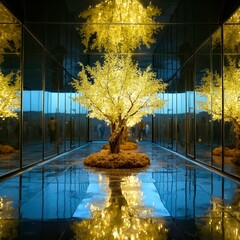 Olive tree with warm light in the mirror