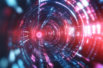 Obraz premium Cybernetic Gateway: An image featuring a digital tunnel with a cybernetic portal in the center, embodying the dynamic realm of technological innovation and cyberspace exploration.