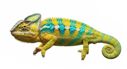 Obraz premium Colorful chameleon, yellow and turquoise stripes, isolated on white background