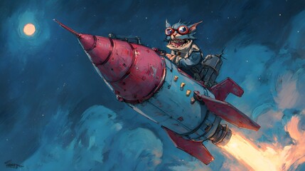 Obraz premium Cat in Goggles Riding a Rocket Through a Starry Night Sky