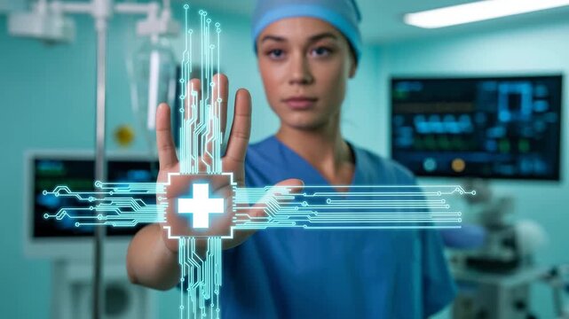 Surgeon Interacting with a Digital Medical Cross Hologram in an Operating Room doctor healthcare - Powered by Adobe