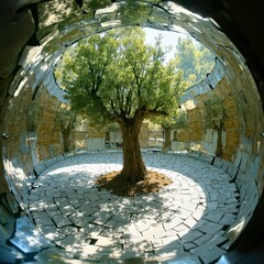 Spherical Mirror Olive Tree Scene
