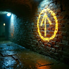 The luminous directional symbol in the tunnel