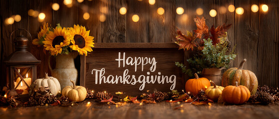 A warm and inviting photograph of a wooden wall adorned with sunflowers, pumpkins, fall leaves, and twinkling lights. In the center is an elegant sign that reads Happy Thanksgiving.