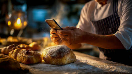Bakery Owner Phone Close-Up Baked Goods Flour Counter