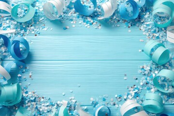Fototapeta premium Festive celebration backdrop featuring vibrant blue and white curling ribbon with shimmering confetti on textured aqua wood surface enhancing joyful party atmosphere