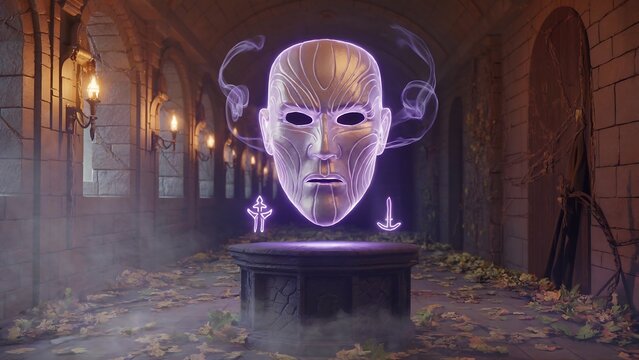 Glowing purple mask suspended above pedestal with magical symbols in torch-lit stone corridor surrounded by swirling energy and autumn leaves in mystical ambiance