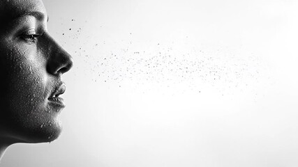 Monochrome Profile of a Woman with Droplets from Mouth on White Background Air Transmission and Infection Prevention Against Airborne Diseases Including Cold and Flu in Healthcare Setting - Powered by Adobe