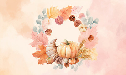 Watercolor wreath with fall leaves, pumpkin, and cornucopia on a pastel background, clipart. Thanksgiving Day. Pink pastel background.
