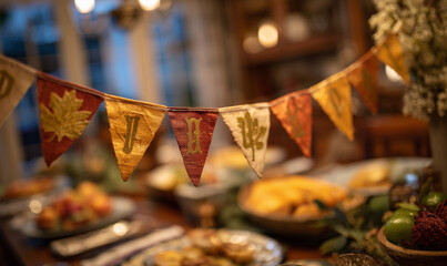 Mid-shot of festive fabric bunting with autumn leaves and golden lettering, blurred dining table in background showing holiday food, warm indoor lighting. Thanksgiving Day.