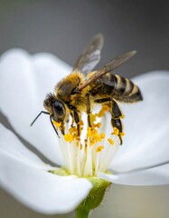 Honeybee Gathering Pollen on White Flower Petals.
