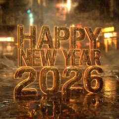 Happy new year 2026 golden text with city lights and reflective ground