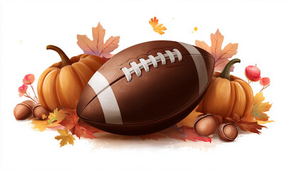 An illustration of an American football, pumpkins , and autumn leaves in the background on a white background. Thanksgiving Day.
