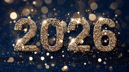 Sparkling golden 2026 numbers on a dark blue background with bokeh lights