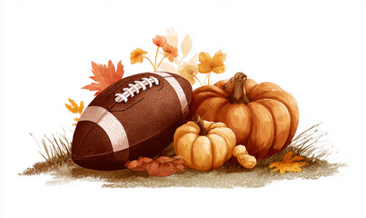 An illustration of an American football, pumpkins , and autumn leaves in the background on a white background. Thanksgiving Day.