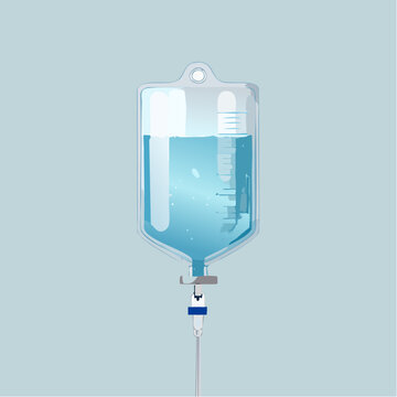 Medical IV fluid bag suspended with clear liquid and tube against a soft blue background viewed from the front
