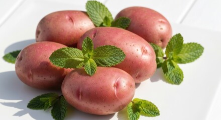 Fresh red potatoes nestled with mint sprigs on a white surface, sunny day