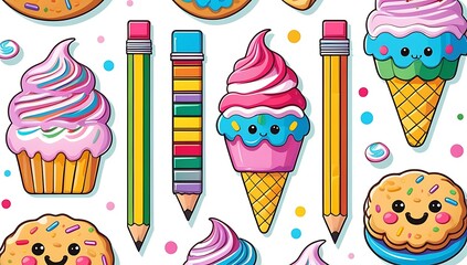 Colorful Cartoon Pencils and Sweet Treats Pattern Design for Creative Back to School Supplies and Cute Kawaii Style Stationary Items and Yummy Dessert Concepts