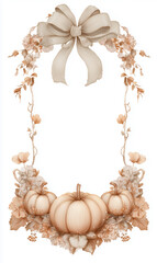 Watercolor beautiful, elegant light brown autumn floral garland with ribbon, bow, and pumpkins. Frame border clipart on a white background in pastel watercolor. Thaksgiving Day. 