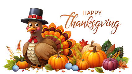 Happy thanksgiving greeting with a cartoon turkey and pumpkins, isolated on transparent background