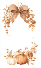 Watercolor beautiful, elegant light brown autumn floral garland with ribbon, bow, and pumpkins. Frame border clipart on a white background in pastel watercolor. Thaksgiving Day. 