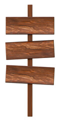 Wooden road sign brown color isolated. Three blank wooden on a isolated background. Wooden board direction signs template mockup.