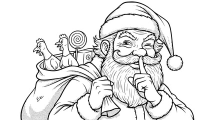 Naklejka premium Mischievous Santa Claus with a Sack of Presents and Chickens