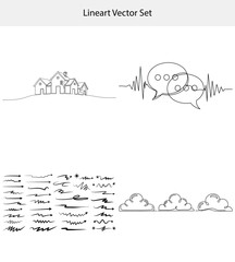 Hand Drawn Line Art Set with Clouds Arrows Speech Bubbles and Houses