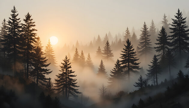 Dawn mist pine forest with intricately cut paper silhouette layering and vintage grain