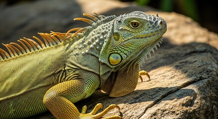 Obraz premium Green Iguana Portrait - Close-Up of Reptile on Rock, Detailed Scales and Texture.
