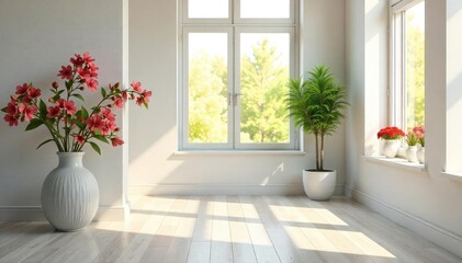 Fototapeta premium Bright, airy room with fresh flowers, open windows, and sunlight streaming in Clean lines, minimalist decor, emphasizing a feeling of renewal and pure, invigorating freshness , elegance, home, summer