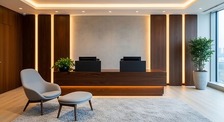 Modern Reception Area with Wood Paneling, Ambient Lighting, and Minimalist Design.