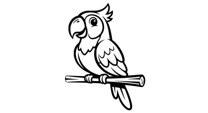 Cute Cartoon Parrot Perched On A Branch Simple Line Drawing