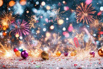 Fototapeta premium Fireworks and Festive Ornaments: A vibrant display of fireworks and festive ornaments creates a visually stunning spectacle, evoking feelings of celebration, joy, and anticipation.