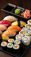 A close-up shot of a variety of sushi rolls and nigiri on a black plate.