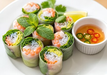 Close-up shot of fresh Vietnamese spring rolls with shrimp and dipping sauce.