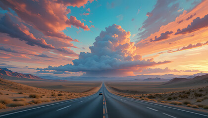 Desert highway under stylized low poly clouds with distant storm silhouette