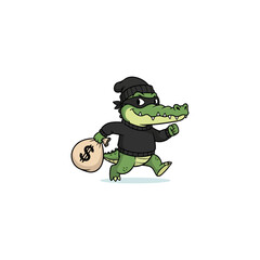 Cartoon alligator thief running with money bag