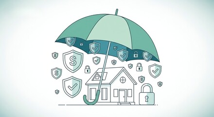 Home insurance concept with house shielded by umbrella represents protection and security