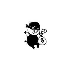Pig robber with money bag and cash in hand