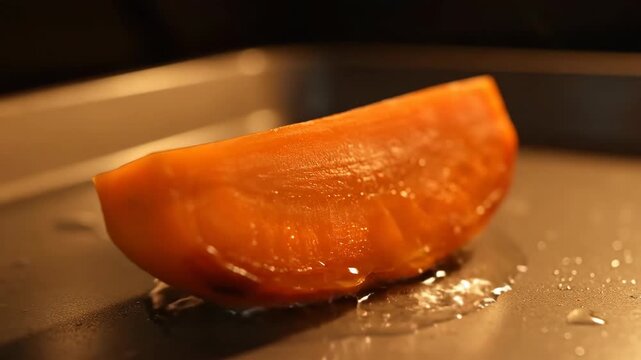 Close-up of baked salmon fillet in a tray, cooking process, food preparation concept
