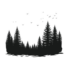 Obraz premium Silhouette of a dense evergreen forest with birds flying overhead for nature designs vector